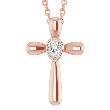 Rose Gold Cross Echt Diamond Pendant Slide Bezel Set Pear Old Miner 1 Karaat