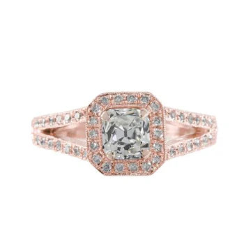 Rose Gold Halo Kussen Old Miner Echt Diamond Ring 2 Karaats Gespleten Schacht