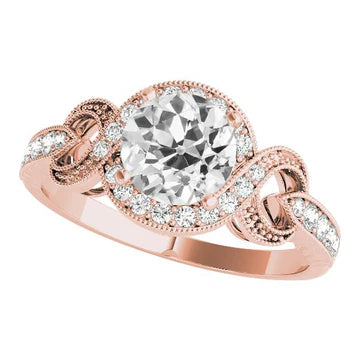 Rose Gold Halo Ronde Oude Europese Echt Diamanten Ring Milgrain 3,50 Karaat