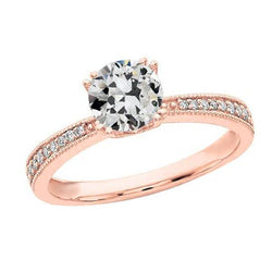 Rose Gold Ronde Oude Mijnwerker Echt Diamanten Ring Dubbel Prong Set 3 Karaat