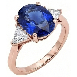 Roségoud Drie Stenen Ring Ovaal Blauwe Saffier & Natuurlijke uit de aarde gewonnen Diamant 8.25 Karaat