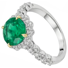 Afbeelding in Gallery-weergave laden, Fijne Smaragd Rond Briljant Gekleurde Steen Ring in Bicolor 14K Goud – hoekaanzicht
