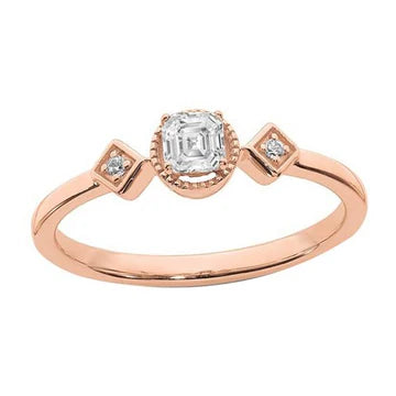 Round & Asscher Echt Diamond Ring Met Drie Stenen, Set Van 2 Karaats Roségoud