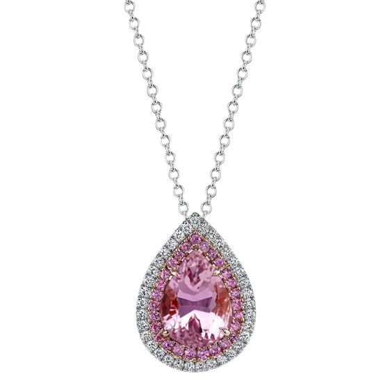 Roze kunziet en diamanten halsketting hanger 14K wit goud 11.75 ct. - harrychadent.nl