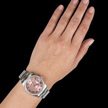 Afbeelding in Gallery-weergave laden, Roze Romeinse wijzerplaat diamanten lunette Rolex Datumjust roestvrij staal Oester herenhorloge SNELLE INSTELLING
