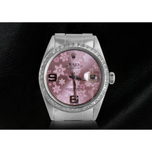 Afbeelding in Gallery-weergave laden, Roze bloem wijzerplaat diamanten rand Rolex
