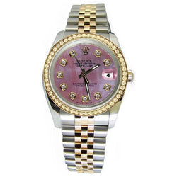Roze diamanten wijzerplaat Rolex Datumjust horloge Jubileum armband tweekleurig