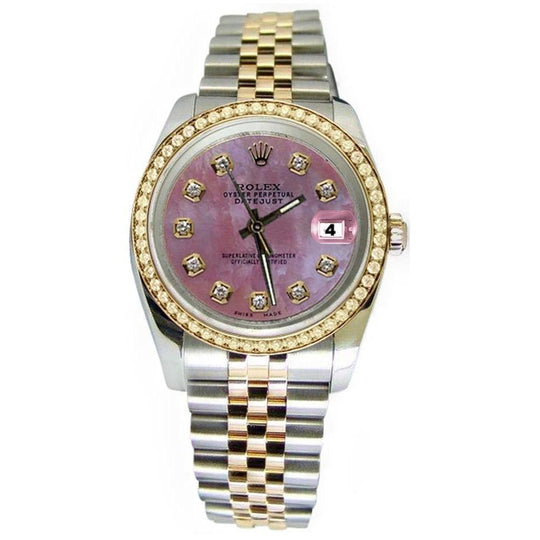 Roze diamanten wijzerplaat Rolex Datumjust horloge Jubileum armband tweekleurig
