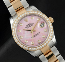 Afbeelding in Gallery-weergave laden, Roze parelmoer diamanten wijzerplaat 36 mm Rolex Datejust Two Tone horloge Oyster armband
