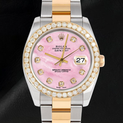 Roze parelmoer diamanten wijzerplaat 36 mm Rolex Datejust Two Tone horloge Oyster armband