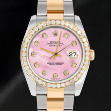 Afbeelding in Gallery-weergave laden, Roze parelmoer diamanten wijzerplaat 36 mm Rolex Datejust Two Tone horloge Oyster armband
