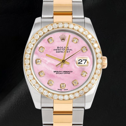 Roze parelmoer diamanten wijzerplaat 36 mm Rolex Datejust Two Tone horloge Oyster armband