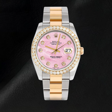 Afbeelding in Gallery-weergave laden, Roze parelmoer diamanten wijzerplaat 36 mm Rolex Datejust Two Tone horloge Oyster armband
