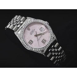 Roze wijzerplaat aangepaste diamanten rand Rolex horloge jubileumarmband 36 mm snel ingesteld