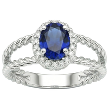 Afbeelding in Gallery-weergave laden, Saffier en Natuurlijke echte diamanten ( niet in een laboratorium gekweekt ) ovale fancy ring 1,55 karaat 14K witgoud
