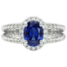 Afbeelding in Gallery-weergave laden, Saffier en Natuurlijke echte diamanten ( niet in een laboratorium gekweekt ) ovale fancy ring 1,55 karaat 14K witgoud
