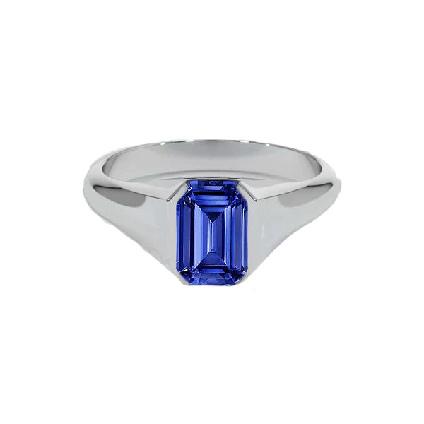 Smaragd Geslepen Solitaire Blauwe Saffier Heren Ring Wit Goud 4 karaat Nieuw