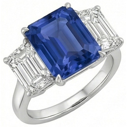 Smaragd drie stenen blauwe saffier ring 3 karaat gouden sieraden