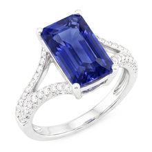 Afbeelding in Gallery-weergave laden, Smaragd edelsteen blauwe saffier ring 4,50 karaat witgouden gespleten schacht
