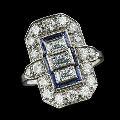 Smaragd oude Mijnwerker Echt Diamant  Ring Blauwe Saffier 3 stenen stijl 6,75 karaat