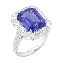 Afbeelding in Gallery-weergave laden, Smaragd vormige Natuurlijke echte diamant ( niet in het laboratorium gekweekt )en blauwe saffier ring 4.50 karaat effenen set accenten
