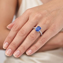 Afbeelding in Gallery-weergave laden, Solitaire Smaragd Blauwe Saffier trouwring met Natuurlijke echte diamant ( niet in het laboratorium gekweekt )en accenten 3 karaat
