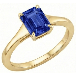 Solitaire blauwe saffier ring smaragd geslepen 3 karaat geel goud 14K