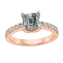 Solitaire Ring Met Accenten Rond & Smaragd Echt Diamant Rose Goud 4 Karaat