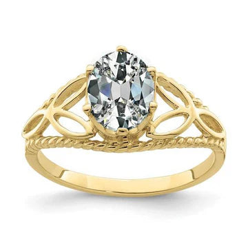 Solitaire Ring Ovaal Oud Geslepen Echt Diamant Trinity Knoop Touw Stijl 3 Karaat