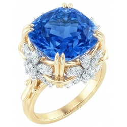 Sprankelende Cushion Ceylonese Kleur Saffier IGI GECERTIFICEERDE Diamanten Ring 7.81 Ct Geelgoud 14K