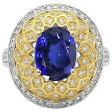 Afbeelding in Gallery-weergave laden, Sprankelende 3.11 ct ovale tanzaniet Natuurlijke echte diamanten ( niet in een laboratorium gekweekt ) ring tweekleurig goud
