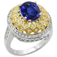 Afbeelding in Gallery-weergave laden, Sprankelende 3.11 ct ovale tanzaniet Natuurlijke echte diamanten ( niet in een laboratorium gekweekt ) ring tweekleurig goud
