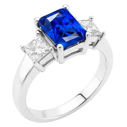 Stralende 3 steen blauwe saffier ring & prinses Natuurlijke echte diamant ( niet in het laboratorium gekweekt )en 3 karaat