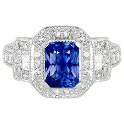 Stralende Halo Ring Antieke Stijl Blauwe Saffier & Diamanten 3 Karaat