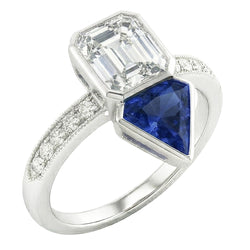 Toi et Moi Asscher uit de a aarde gewonnen Diamanten & Ceylon Saffieren Ring 3.50 Karaat Milgrain