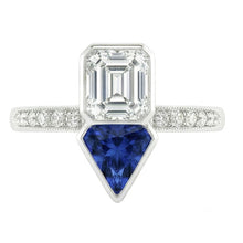 Afbeelding in Gallery-weergave laden, Toi et Moi Asscher uit de a aarde gewonnen Diamanten &amp; Ceylon Saffieren Ring 3.50 Karaat Milgrain
