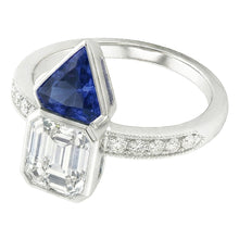 Afbeelding in Gallery-weergave laden, Toi et Moi Asscher uit de a aarde gewonnen Diamanten &amp; Ceylon Saffieren Ring 3.50 Karaat Milgrain
