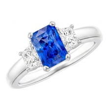 Afbeelding in Gallery-weergave laden, Trapezium Diamond Blue Sapphire Ring Radiant Cut 3 karaat drie steen
