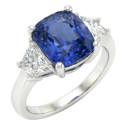 Trapezium Natuurlijke echte diamant ( niet in het laboratorium gekweekt ) & kussen blauwe saffier 3 stenen ring 2,50 karaat
