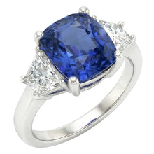Afbeelding in Gallery-weergave laden, Trapezium Natuurlijke echte diamant ( niet in het laboratorium gekweekt ) &amp; kussen blauwe saffier 3 stenen ring 2,50 karaat
