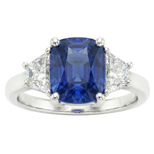 Afbeelding in Gallery-weergave laden, Trapezium Natuurlijke echte diamant ( niet in het laboratorium gekweekt ) &amp; kussen blauwe saffier 3 stenen ring 2,50 karaat
