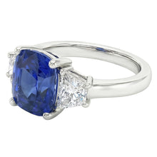 Afbeelding in Gallery-weergave laden, Trapezium Natuurlijke echte diamant ( niet in het laboratorium gekweekt ) &amp; kussen blauwe saffier 3 stenen ring 2,50 karaat
