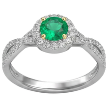 Afbeelding in Gallery-weergave laden, Colombiaanse Smaragd Rond Briljant Sieraadsteen Ring in Bicolor 14K Goud – hoekaanzicht
