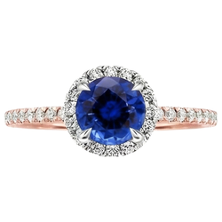 Twee Kleurige Blauwe Saffier Halo Diamant Ring Prong Set