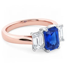 Afbeelding in Gallery-weergave laden, Tweekleurige 3 stenen Natuurlijke echte diamant ( niet in het laboratorium gekweekt )en stralende saffier edelsteen ring 1,50 karaat
