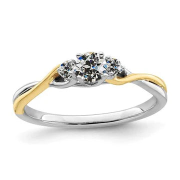 Tweekleurige 3 Stenen Ronde Oude Geslepen Echt Diamanten Ring Gedraaide Schacht 1,50 Karaat