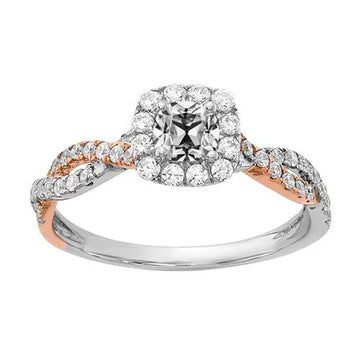 Tweekleurige Halo Old Mine Cut Echt Diamond Ring Twisted Shank 2,50 Karaat