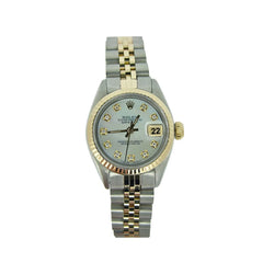 Tweekleurige Rolex Datumjust dameshorloge met diamanten wijzerplaat en gecanneleerde rand