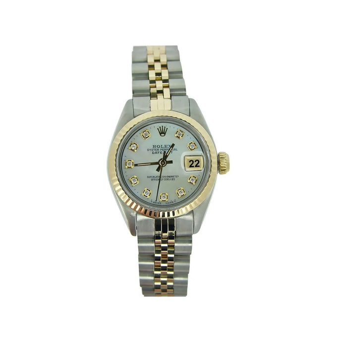 Tweekleurige Rolex Datumjust dameshorloge met diamanten wijzerplaat en gecanneleerde rand

