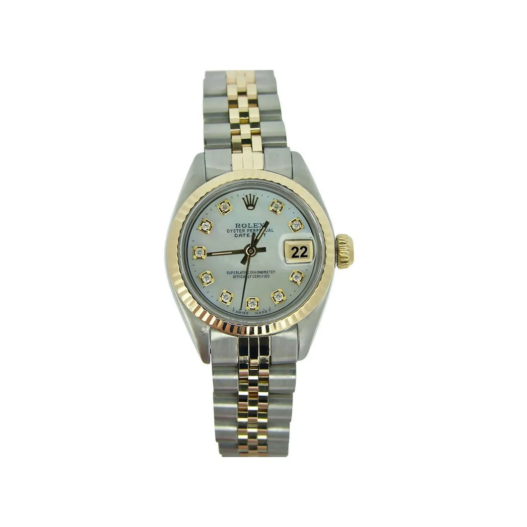 Tweekleurige Rolex Datumjust dameshorloge met diamanten wijzerplaat en gecanneleerde rand
